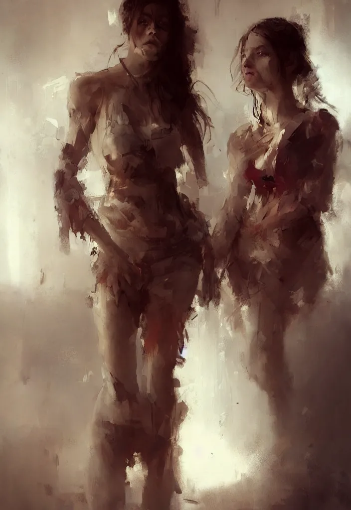 Prompt: full body portrait of a duo of 2 1 years old girl figures, messy hair, oriental tattoos, bespoke tailoring, beautiful, dramatic, cinematic lighting, few fire red highlights, by jeremy mann and greg rutkowski, oil on canvas, artstation, pixiv