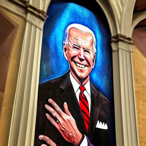 Image similar to a church mural of joe biden as a god, 4 k, highly detailed, painted by michelangelo