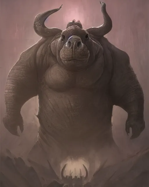 Image similar to Hippo, Anthropomorphized, portrait, as evil warlord general on skull throne, magic the gathering artwork, D&D, fantasy, cinematic lighting, centered, symmetrical, highly detailed, digital painting, artstation, concept art, smooth, sharp focus, illustration, volumetric lighting, epic Composition, 8k, art by Akihiko Yoshida and Greg Rutkowski and Craig Mullins, heroic pose, oil painting, cgsociety, Battlefield background, explosions, arrows