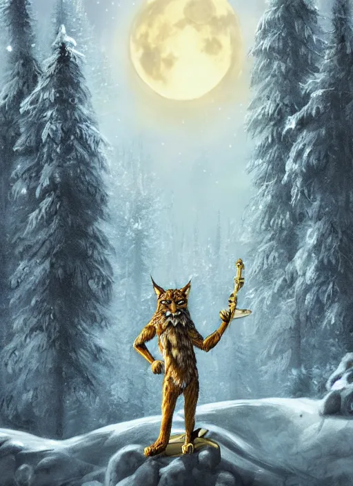 Prompt: anthropomorphic lynx holding a golden shiny scepter, night, spruce trees on the sides, mountains in the background, eerie dark atmosphere, moonlit, back light, fantasy movie, fantasy art, fantasy matte painting, trending on artstation