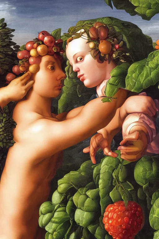 Image similar to cyborg and human, garden with fruits on trees, closeup, ultra detailed, Guido Reni style