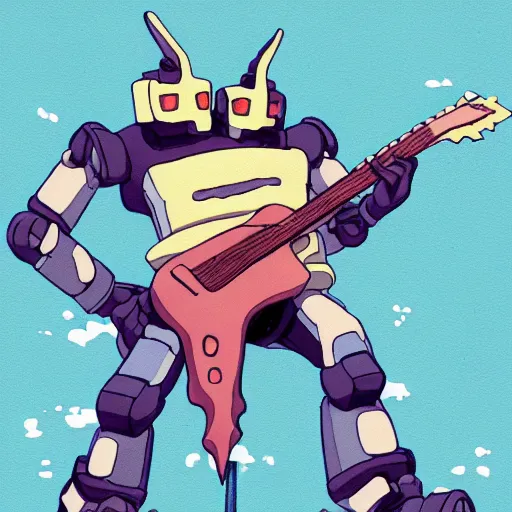 Prompt: A cell animation of a samurai robot playing guitar, Nausicaa of the Valley of the Wind, Miyazaki Hayao, ghibli style, illustration, azure tones, vintage colors, anime, trending on artstation