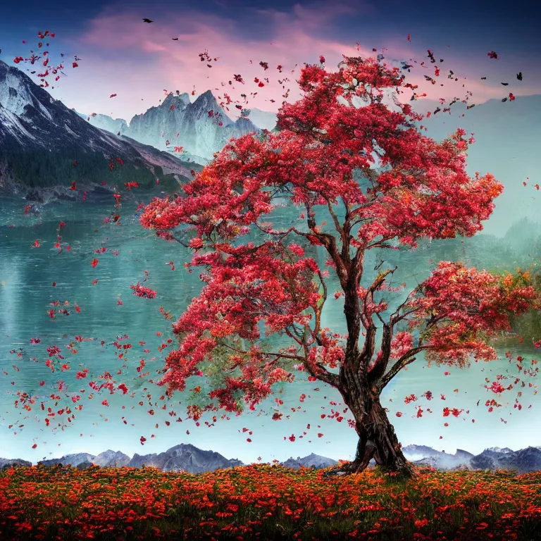 Image similar to a beautiful awesome artistic tree with falling flowers like leaves and many birds, all in the amazing outdoors view, mountain in the background, lake, long exposure, 8 k resolution, trending on artstation