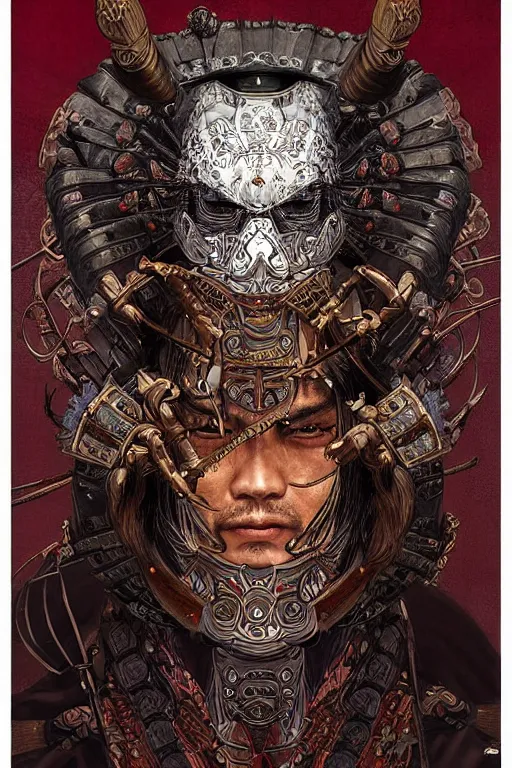 Prompt: digital face portrait painting of a male samurai warrior magus by yoshitaka amano, victo ngai, terese nielsen, samurai armour by tooth wu, in the style of dark - fantasy, intricate detail, skull motifs, red, bronze, artgerm