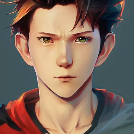 Image similar to anime portrait of Tom Holland as an anime boy by Stanley Artgerm Lau, WLOP, Rossdraws, James Jean, Andrei Riabovitchev, Marc Simonetti, and Sakimichan, trending on artstation