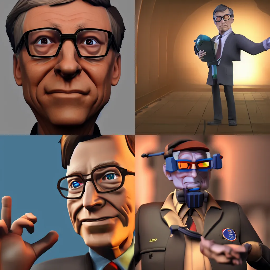 Prompt: bill gates in tf 2, sfm render, steam workshop, source engine, team fortress 2, model