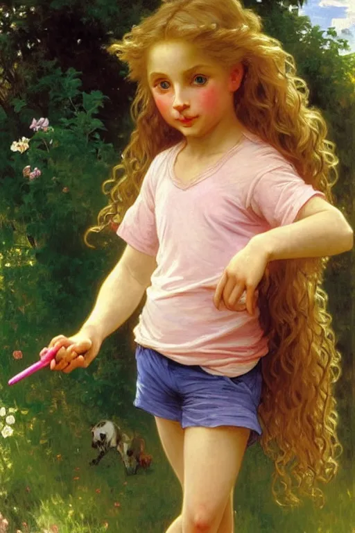 Prompt: a seven - year old with long curly dirty blonde hair, blue eyes, tan skin a pink tee shirt and shorts, playing with foxes, painting by daniel gerhartz, alphonse mucha, bouguereau, detailed art, artstation