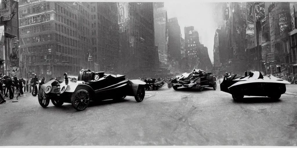 Image similar to old black and white photo, 1 9 1 3, depicting batmobile from dark knight rampaging through the bustling streets of new york city, rule of thirds, historical record