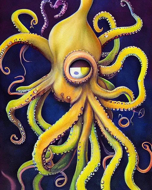 Image similar to Octopus goddess, a painting of a weird creature with a weird hat, a surrealist painting by Yoko d'Holbachie, trending on deviantart, pop surrealism, lowbrow, lovecraftian, whimsical