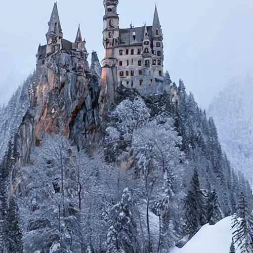 Image similar to vampire's castle in the mountains, snowy