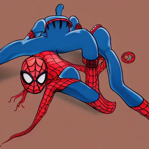 Image similar to octopus attacking and suffocating spiderman, photorealistic
