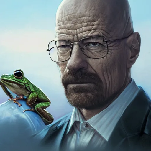 Image similar to a frog and walter white, intricate, highly detailed, digital painting, artstation, concept art, smooth, sharp focus, illustration, unreal engine 5, 8 k, art by artgerm and greg rutkowski and alphonse mucha