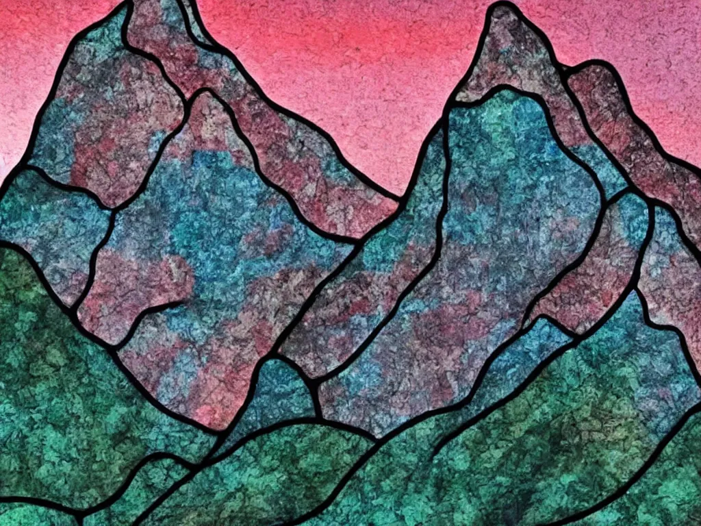 Prompt: A stain glass picture of a mountain that looks like a woman