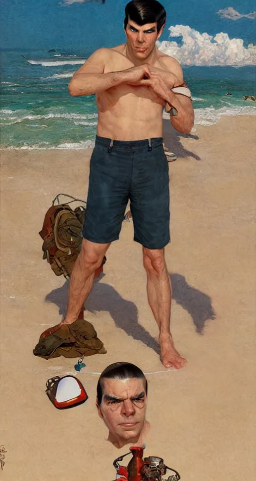 Prompt: ZACHARY QUINTO SPOCK in shorts, beach, sun shining, (SFW) safe for work, photo realistic illustration by greg rutkowski, thomas kindkade, alphonse mucha, loish, norman rockwell