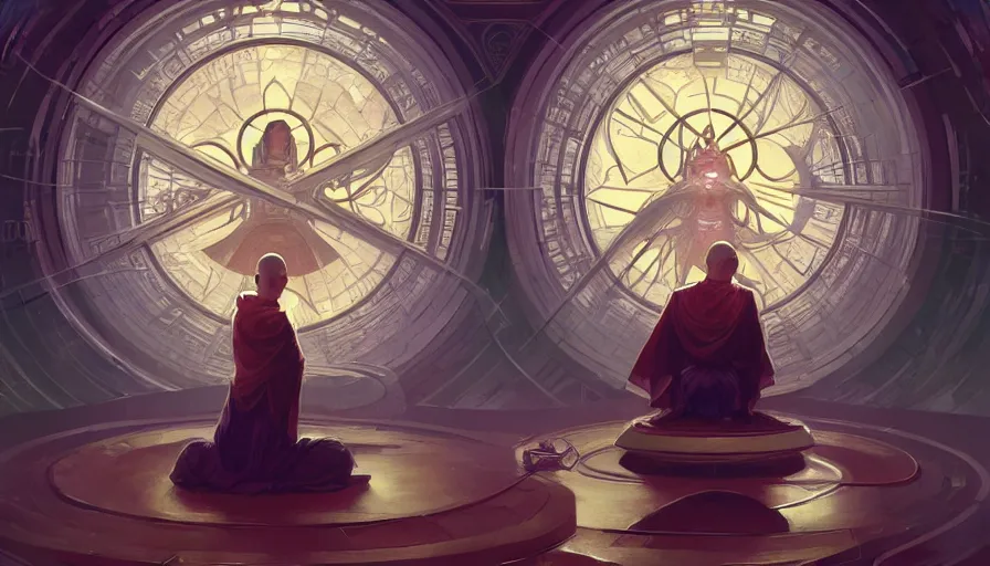 Prompt: a religious scifi room, monk doing tai chi on a floating circular platform in the center, symmetrical shot, center framing, elegant, cinematic shot, intricate digital painting artstation concept art smooth sharp focus illustration, art by artgerm and greg rutkowski and alphonse mucha