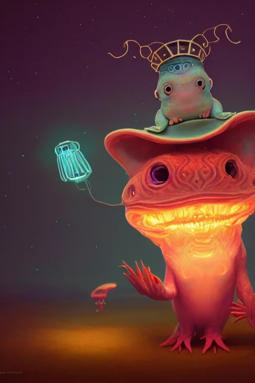 Image similar to Bioluminescent, portrait of axolotl wearing wizard hat, very intricate , trending on artstation , very elegant, in the golden hour by Daniel Merriam, Trending on Artstation, oil on Canvas by Elena Zhurikhina and Goro Fujita and Charlie Bowater, octane render, 4k, 8k, HD