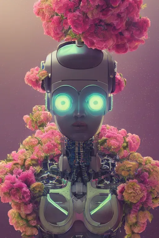 Prompt: a portrait of a robot with flowers, cyberpunk art by Mike Winkelmann, cgsociety, panfuturism, afrofuturism, made of flowers, dystopian art, vaporwave