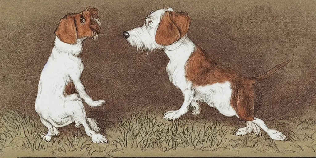 Prompt: jack russel dog, highly detailed, side view, howling, illustrated by peggy fortnum and beatrix potter and sir john tenniel