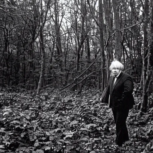 Image similar to found footage of boris johnson lost in the forest, last known photo, 1980s, eerie
