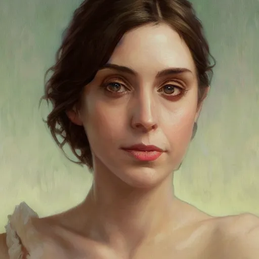 Image similar to a portrait painting of alison brie / anne hathaway / rachel lane hybrid in the oil painting unreal 5 daz. rpg portrait, extremely detailed artgerm greg rutkowski alphonse mucha vladimir volegov