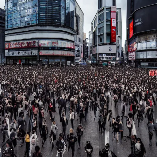 Prompt: the masses cross shibuya crossing, eerie vibes, liminal space, 8k photography