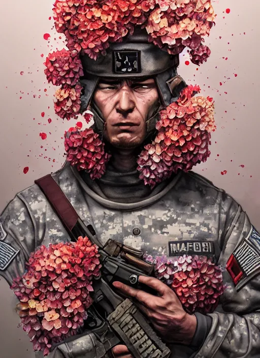 Image similar to handmade character portrait of an angry american soldier man, explosion of flowers, amaratyllis, hydrangea, chrysanthemum and hyacinth, in the style of artgerm and enki bilal and bastien lecouffe - deharme, wlop, line art, watercolor, cinematic lighting, hyperdetailed, hyperrealistic