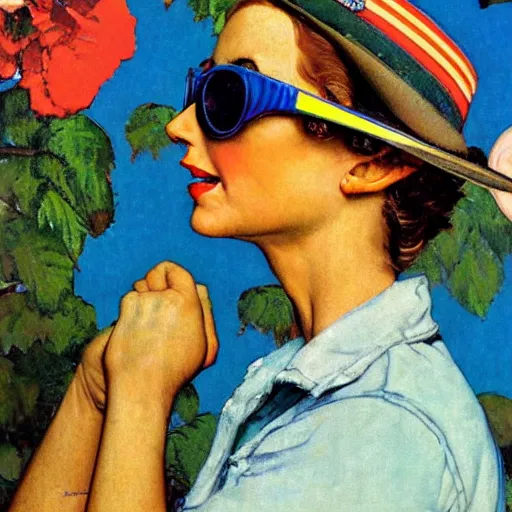 Prompt: a norman rockwell painting of a beautiful woman wearing brightly colored cheap sunglasses