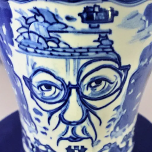 Image similar to a delft blue vase with walter white making meth depicted on it