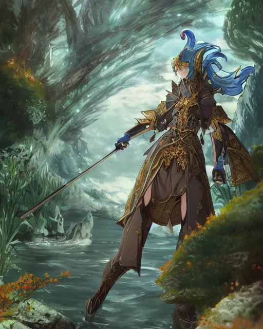 Prompt: an anime landscape of a royal merfolk from magic the gathering wearing a royal garments, near a mystical forest from skyrim, by stanley artgerm lau, wlop, rossdraws, james jean, andrei riabovitchev, marc simonetti, and sakimichan, trending on artstation