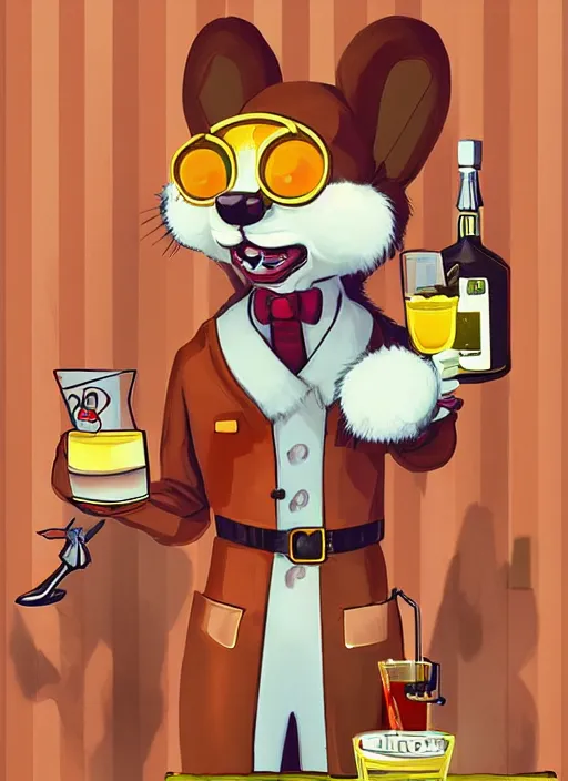 Image similar to squirrel anthro as a dapper bartender with a big fluffy tail, retro futurism, art deco, detailed painterly digital art by Richard Scarry, 🐿🍸🍋, furaffinity, trending on artstation