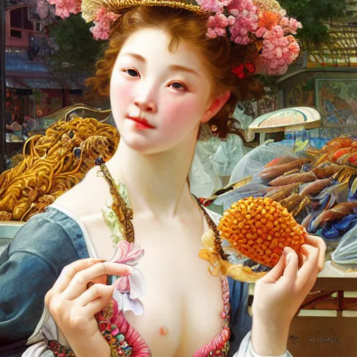 Image similar to a masterpiece ultrarealistic ultradetailed portrait of beautiful love fishmonger girl on street market baroque renaissance. medium shot, intricate, elegant, by stanley artgerm lau, wlop, alphonse mucha, rossdraws, andrei riabovitchev, yoshitaka amano. flower background my james jeand and takashi murakami.