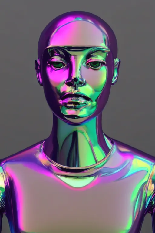 Prompt: 3d render of holographic human robotic bust made of glossy iridescent, screaming, bust, surrealistic 3d illustration of a human non-binary, non binary model, 3d model human, cryengine, made of holographic texture, holographic material, holographic rainbow, concept of cyborg and artificial intelligence