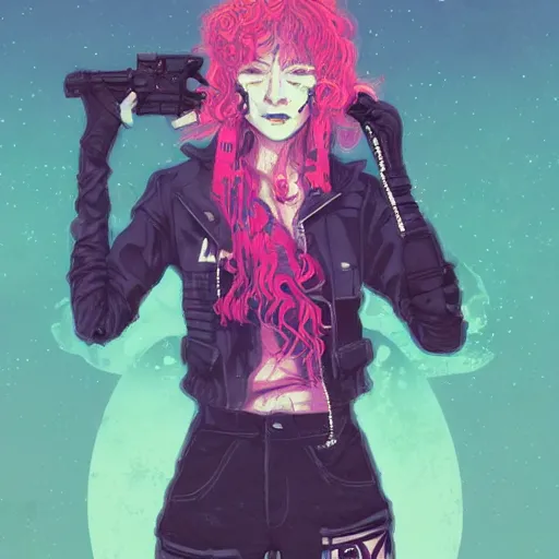 Image similar to wielding pose, portrait of a grungy cyberpunk anime, very cute, by super ss, cyberpunk fashion, curly pink hair, night sky by wlop, james jean, victo ngai, muted colors, highly detailed