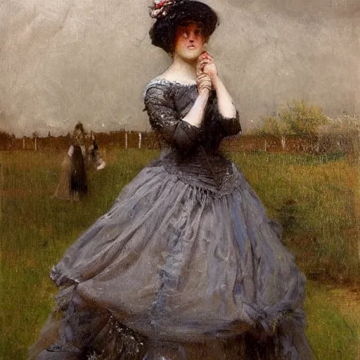Prompt: young victorian lady in ball gown in a thunderstorm, painted by alfred stevens