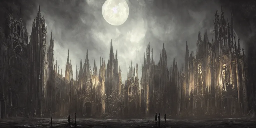 Prompt: inside cathedral from bloodborne, gothic art, dark fantasy, concept art, digital painting, trending on art station, night time render, moon light, god rays, highly detailed