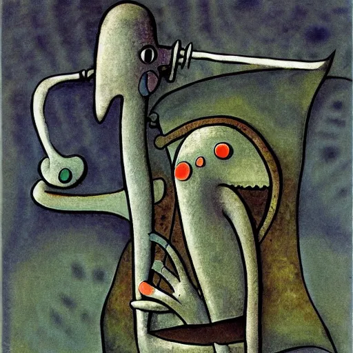 Prompt: squidward as a dark souls boss by paul klee