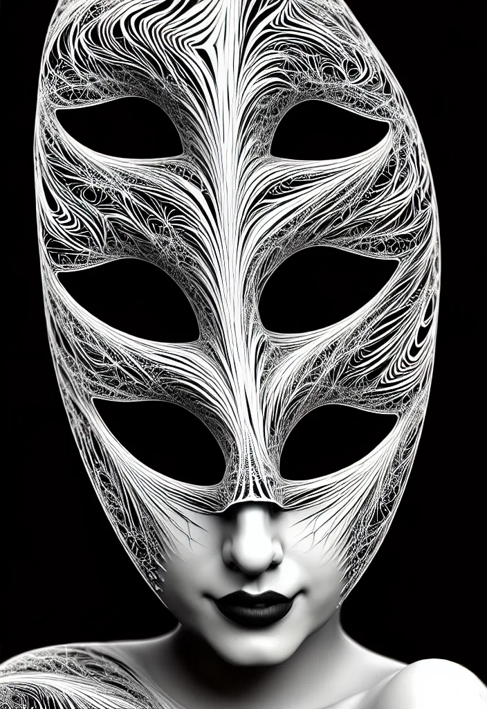 Prompt: young beautiful woman with a face covering fractal, mandelbulb mask. speed painting, scribble art. black and white, black on black. intricate, elegant, super highly detailed, professional digital painting, smooth, 8k, 3D, beautiful, cinematic. art deco, futurism, 3D, Unreal Engine, photorealistic.