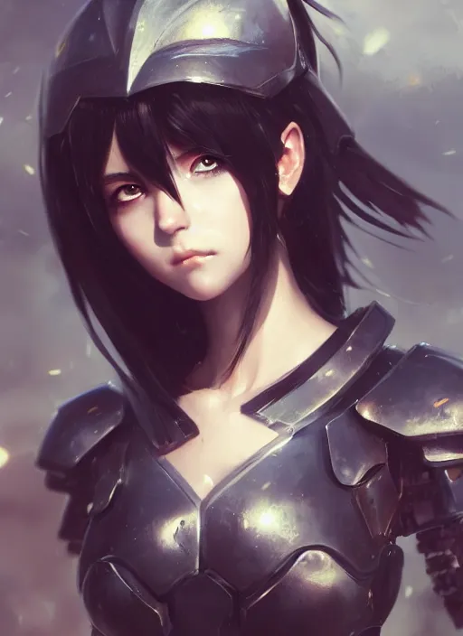 Image similar to Portrait of Anime girl with black hair, she is wearing metal armor around her chest and waist, realistic, detailed, 4k by Greg Rutkowski Mark Arian trending on artstation