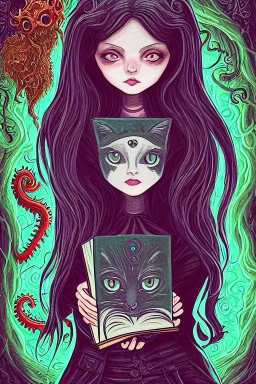 Image similar to ai illustration of romantic girl, her cat and her book of necronomicon, symmetrical, cinematic, sharp focus, 4 k, ultra hd, sense of awe, sinister demonic atmosphere, dreadful, forbidden knowledge, old gods, cthulhu, yog - sothoth! yah, yah, yah! cultist journal cover