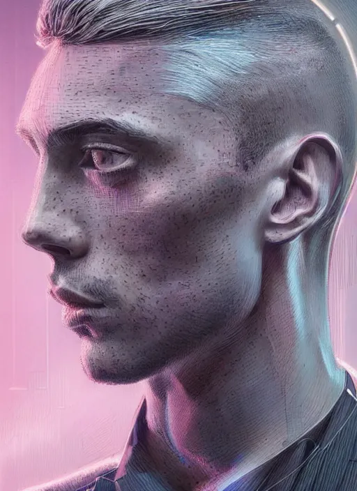 Image similar to a highly detailed long shot photo of intricate masculin male face portrait, futurism, rococo cyber neon lighting, detailed futuristic fibonacci jewelry, profile posing, hyper photorealistic, crispy quality, digital photography, trending in pinterest, cinematic, 4 k ultra hd, art by pascal blanche, art by greg rutkowski, art by artgerm,