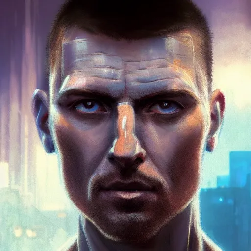 Image similar to cyberpunk, armitage, closeup portrait of a stoic ex soldier with a battlescar and light blue eyes, brown buzzcut, cyborg, dramatic light, city background, sunset, dystopian setting, high contrast, sharp, neuromancer, painted by stanley lau, painted by greg rutkowski, painted by stanley artgerm, digital art, trending on artstation