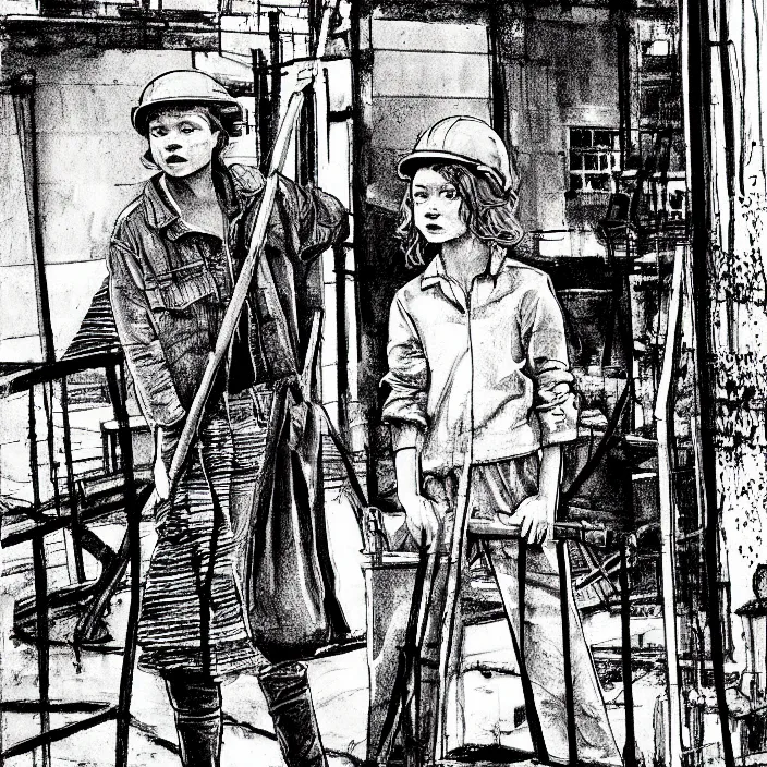 Image similar to sadie sink in dirty workmen clothes waves goodbye to workmen. background : factory, dirty, polluted. technique : black and white pencil and ink. by gabriel hardman, joe alves, chris bonura. cinematic atmosphere, detailed and intricate, perfect anatomy