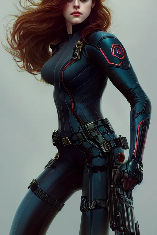 Image similar to alexandra daddario as black widow, realistic portrait, symmetrical, highly detailed, digital painting, artstation, concept art, smooth, sharp focus, illustration, cinematic lighting, art by artgerm and greg rutkowski and alphonse mucha