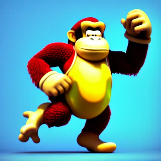 Image similar to Donkey Kong stepping on a banana. The banana is on the ground, Donkey Kong is above the banana. 3D render
