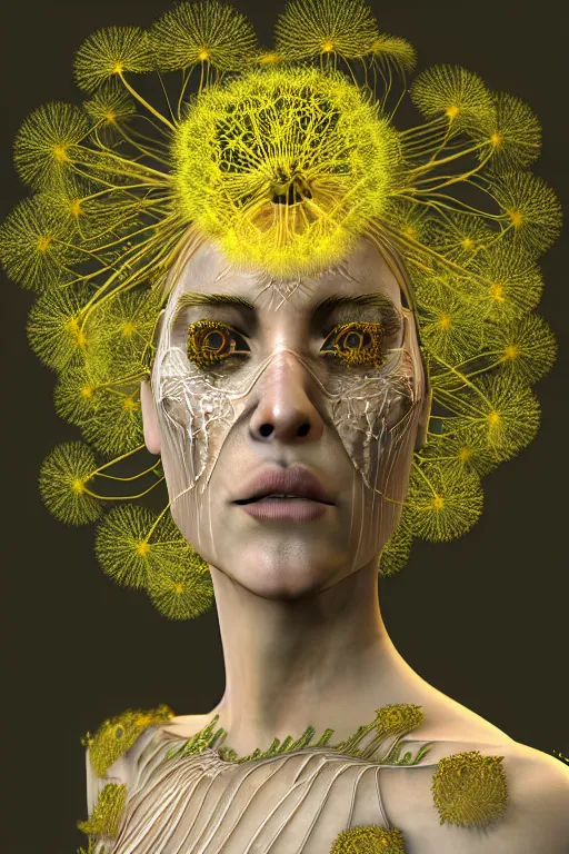 Image similar to intricate hyper detailed ultra sharp 3 d render of a witch profile portrait, 1 5 0 mm art nouveau, haute couture alexander mcqueen leaves stems, unsplash model transparent fractal dandelion yellow pistil filigree roots, intricate details, human face, facial features, elegant, hyper realistic, ultra detailed, octane render, volumetric cinematic lighting, 8 k post - production