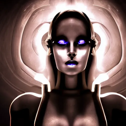 Image similar to a beautiful and seductive robot android woman with long flowing hair and bright makeup sings on stage in a dimly lit futuristic nightclub. twilight zone, dark city inspired realistic gritty award winning photographic portrait single point lighting