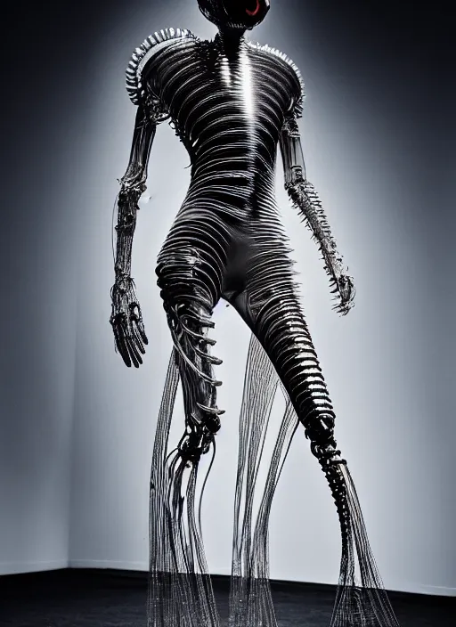 Image similar to walking down the catwalk, show, stage, vogue photo, podium, fashion show photo, iris van herpen, beautiful woman, full body shot, masterpiece, inflateble shapes, alien, giger, plant predator, guyver, jellyfish, wires, veins, white biomechanical details, wearing epic bionic cyborg implants, highly detailed