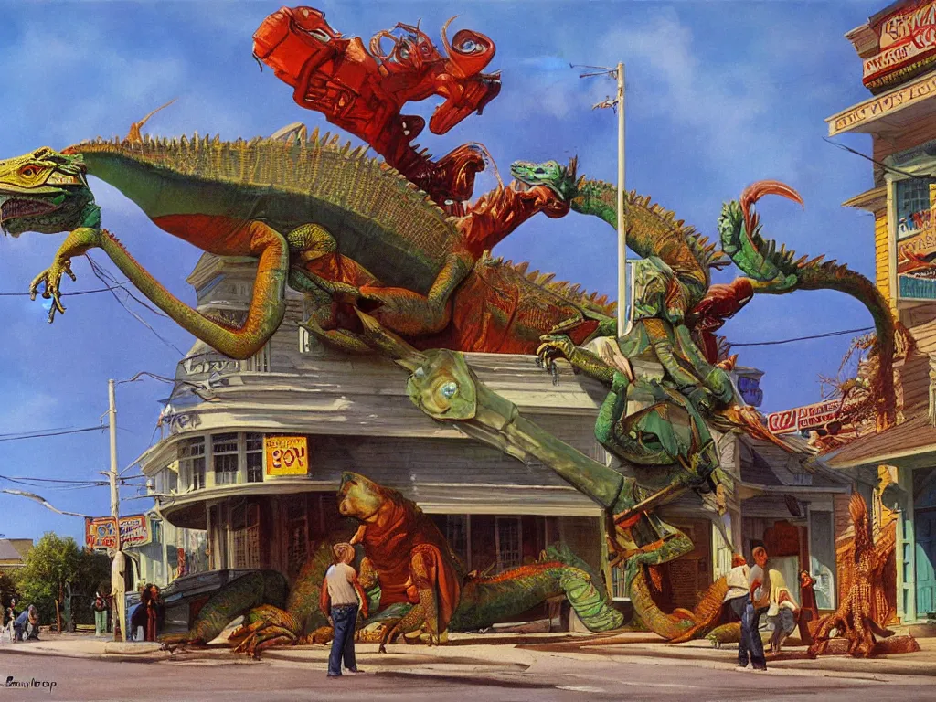 Prompt: Giant Water Dragon Iguana Bot on Main Street in a Small American Town, by Bob Eggleton and Edward Hopper and Alejandro Burdisio