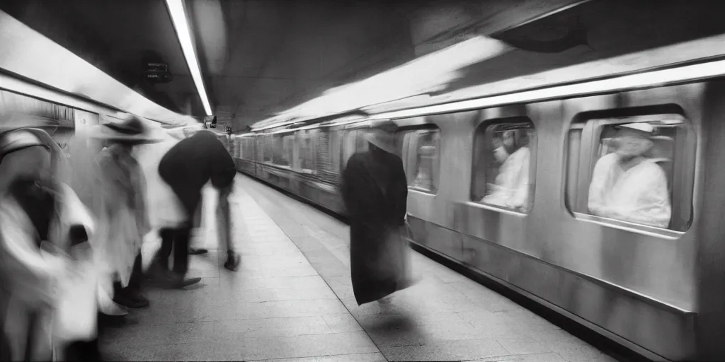 Prompt: cooks in long hats in the subway, by richard avedon, ominous lighting, tri - x pan stock