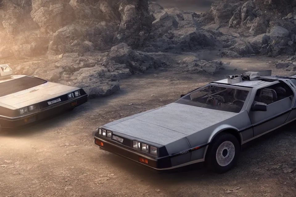 Image similar to ultra realistic delorean dmc 5 with pop - up headlights drifting on ancient highway wreckage in space, dark cinematic, volumetric, realistic, 3 d render, realistic render, cinematic lighting, volumetric lighting, atmospheric, cinematic, unreal engine 5, unreal engine render, octane render, hd, photorealism, hyper realistic, 8 k